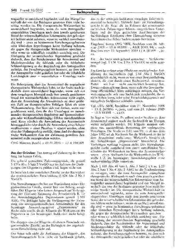 Vorschauseite 2: Zur Versagung einer Nachzulassung bei unzureichender Begründung der therapeutischen Wirksamkeit