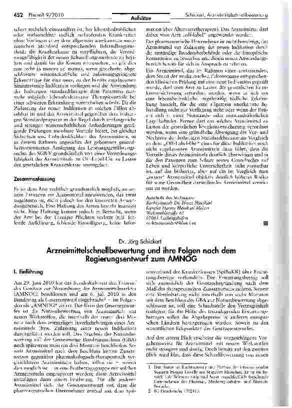 Vorschauseite 1: Arzneimittelschnellbewertung und ihre Folgen nach dem Regierungsentwurf zum AMNOG