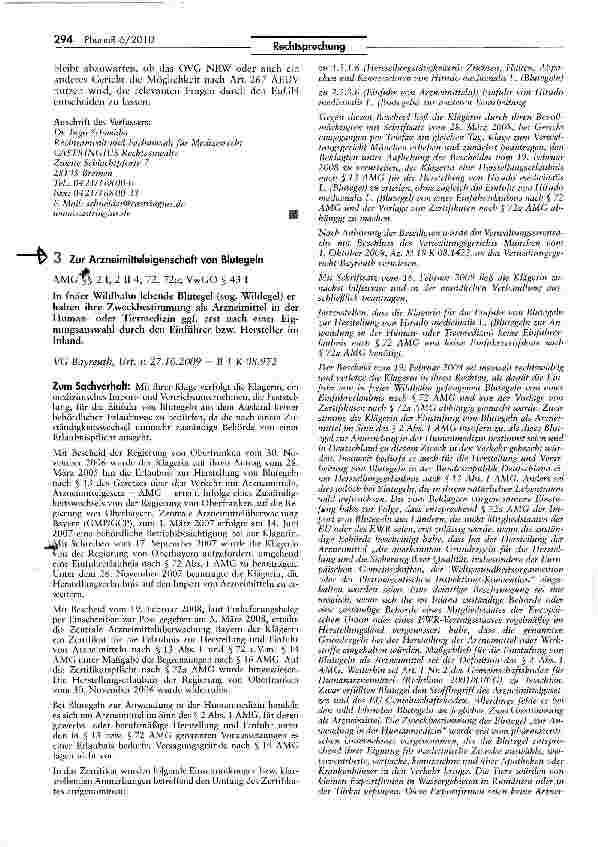 Vorschauseite 1: Zur Arzneimitteleigenschaft von Blutegeln AMGTS 2 I, 2 II 4, 72, 72a; VwGO § 43 I