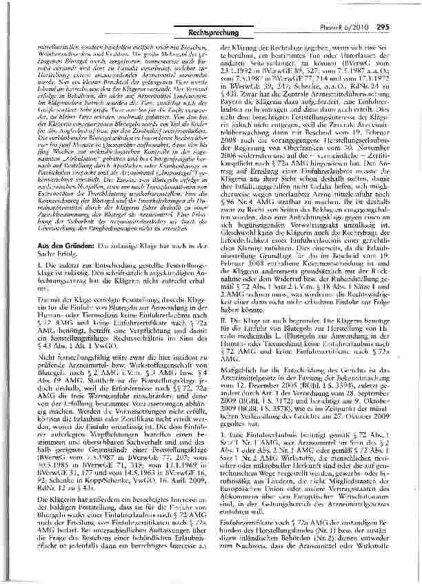 Vorschauseite 2: Zur Arzneimitteleigenschaft von Blutegeln AMGTS 2 I, 2 II 4, 72, 72a; VwGO § 43 I