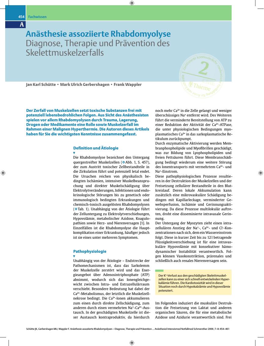 Vorschauseite 1: Anästhesie assoziierte Rhabdomyolyse - Diagnose, Therapie und Prävention des Skelettmuskelzerfalls
