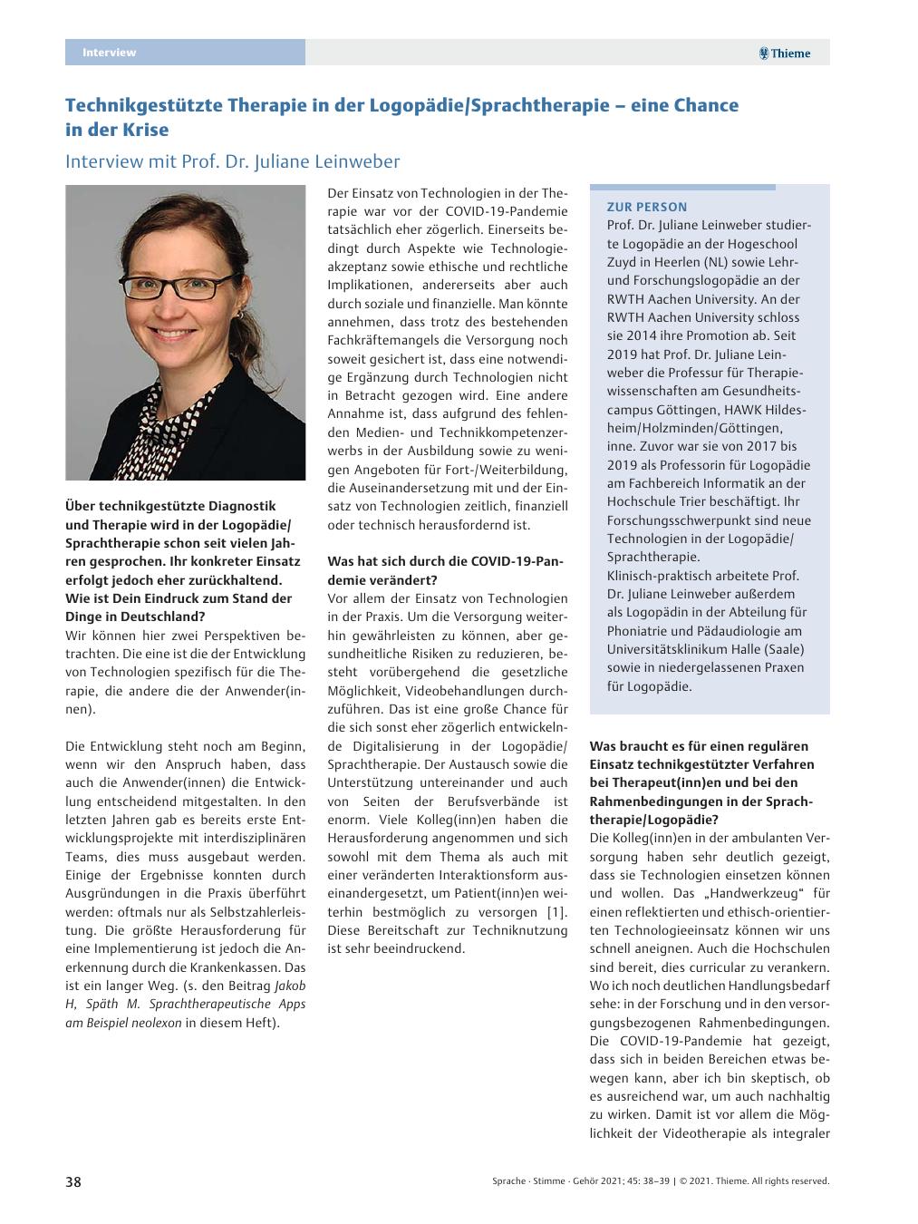 Vorschauseite 1: Technikgestützte Therapie in der Logopädie/Sprachtherapie – eine Chance in der Krise