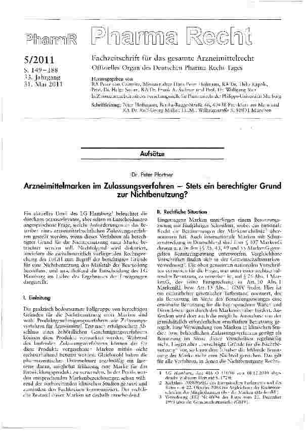 Vorschauseite 1: Arzneimittelmarken im Zulassungsverfahren - Stets ein berechtigter Grund zur Nichtbenutzung?