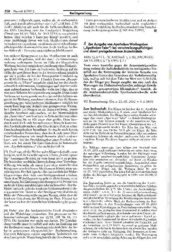 Vorschauseite 3: Bonusmodell für verschreibungspflichtige Medikamente nicht wettbewerbswidrig UWG $ 8 III
