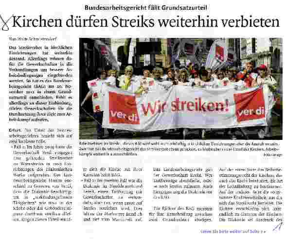 Vorschauseite 1: Kirchen dürfen Streiks weiterhin verbieten