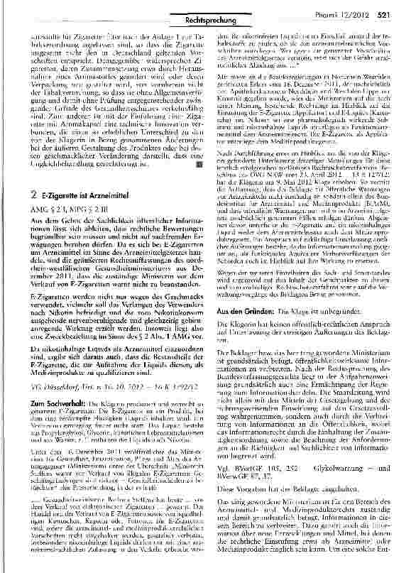 Vorschauseite 1: E-Zigarette ist Arzneimittel AMG §2 1, MPG § 2 III