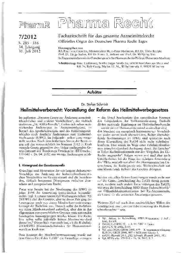 Vorschauseite 1: Heilmittelwerberecht: Vorstellung der Reform des Heilmittelwerbegesetzes
