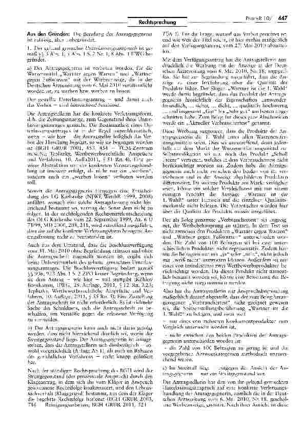 Vorschauseite 3: Produktwerbung mit Testergebnissen ZPO §S 253 II Nr. 2, 936, 922 I 2; UWG§§5, 12