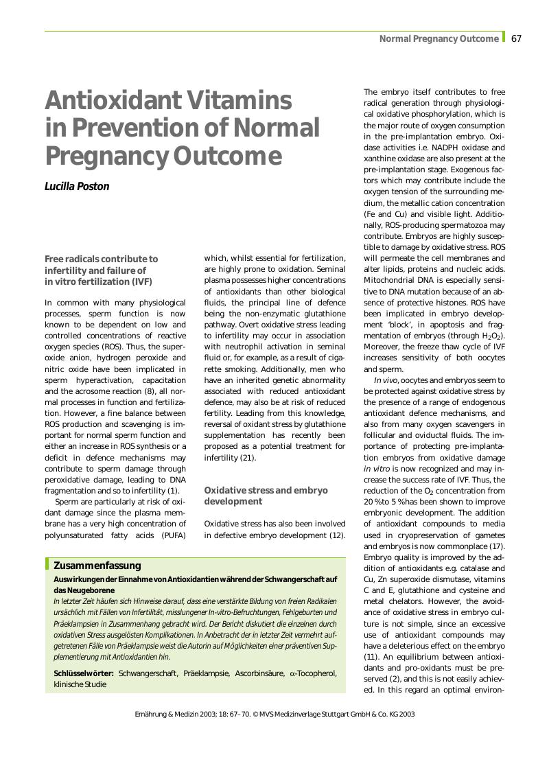 Vorschauseite 1: Antioxidant Vitamins in Prevention of Normal Pregnancy Outcome