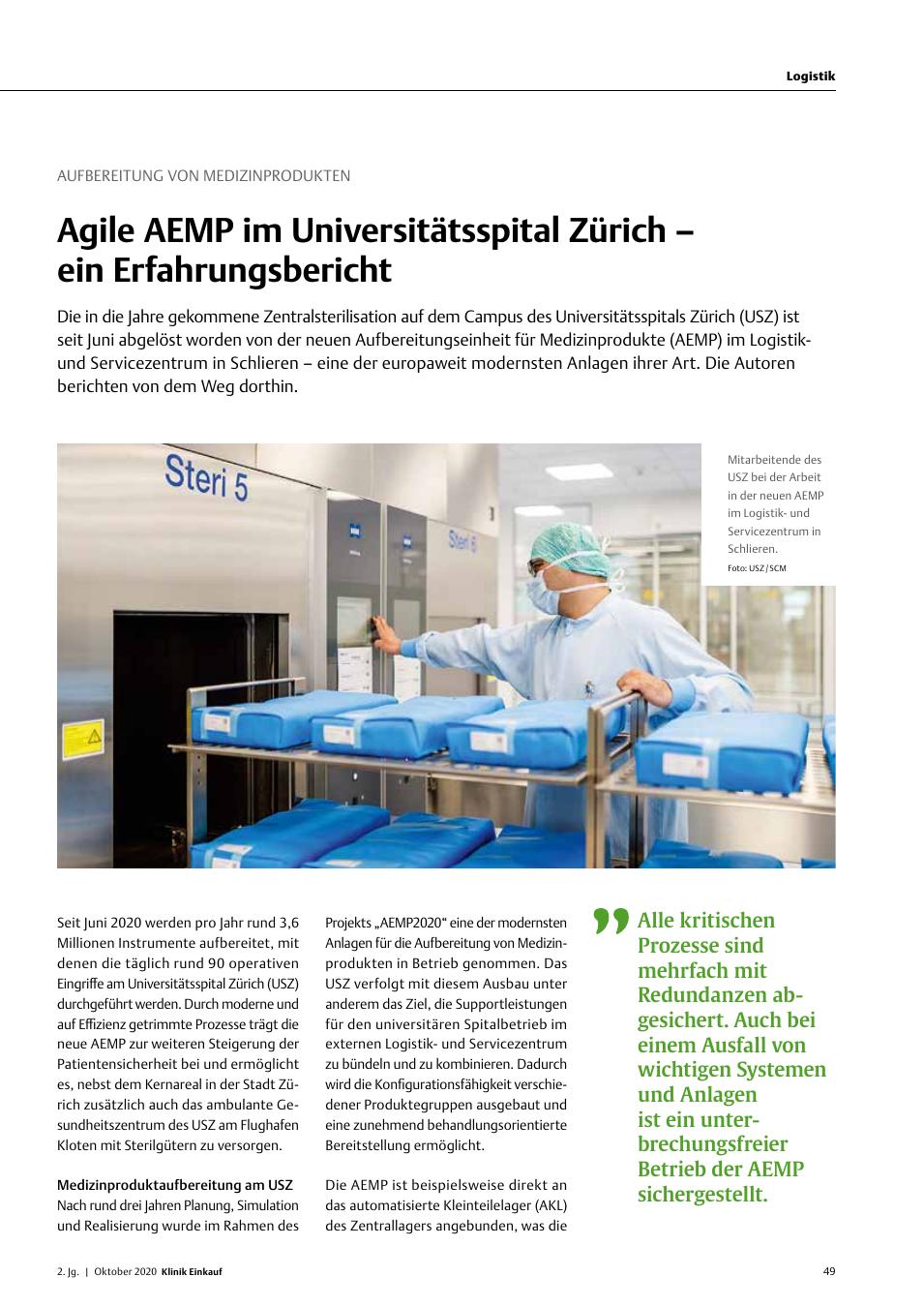 Vorschauseite 1: Aufbereitung von Medizinprodukten: Agile AEMP im Universitätsspital Zürich – ein Erfahrungsbericht