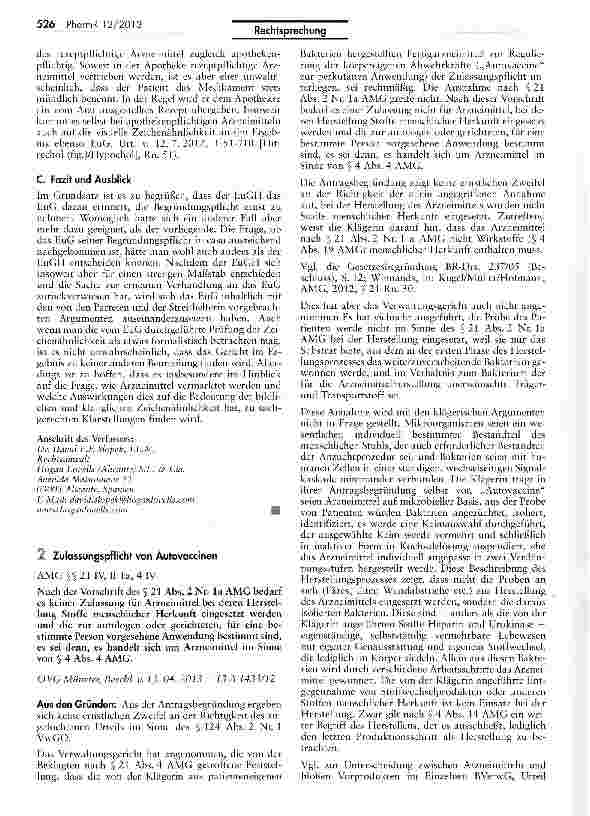 Vorschauseite 1: Zulassungspflicht von Autovaccinen AMG §§ 21 IV, II la, 4 IV