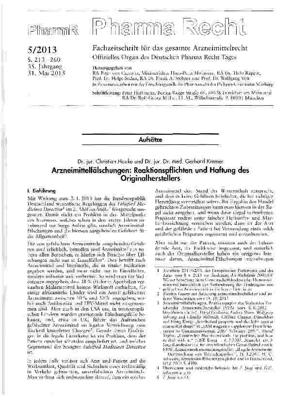 Vorschauseite 1: Arzneimittelfälschungen: Reaktionspflichten und Haftung des Originalherstellers
