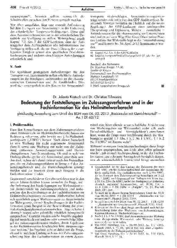Vorschauseite 1: Bedeutung der Feststellungen im Zulassungsverfahren und in der Fachinformation für das Heilmittelwerberecht