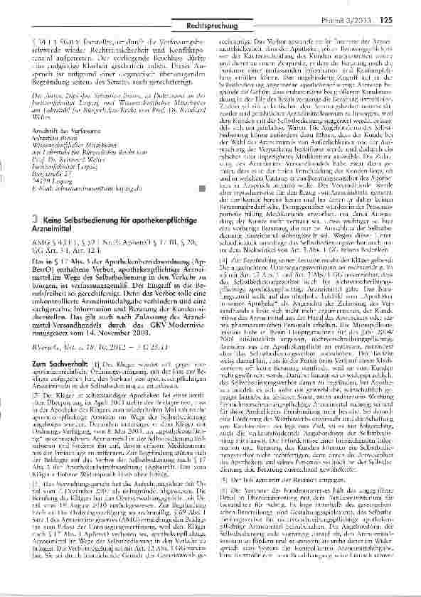 Vorschauseite 1: Keine Selbstbedienung für apothekenpflichtige Arzneimittel AMG §43 I 1, § 52 I Nr. 2; ApBetrO § 17 III, § 20; GG Art. 3 I, Art 12 1