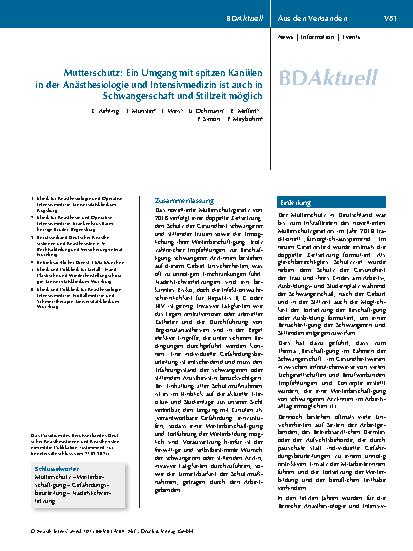 Vorschauseite 1: Mutterschutz: Ein Umgang mit spitzen Kanülen in der Anästhesiologie und Intensivmedizin ist auch in Schwangerschaft und Stillzeit möglich