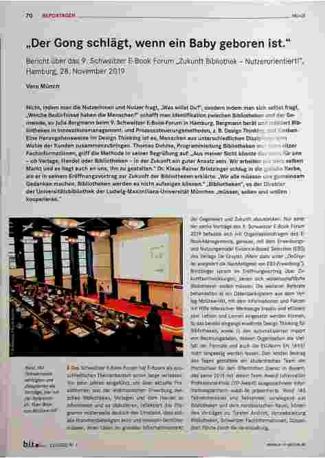 Vorschauseite 1: „Der Gong schlägt, wenn ein Baby geboren ist. “ Bericht über das 9. Schweizer E-Book Forum „Zukunft Bibliothek - Nutzerorientiert! “, Hamburg, 28. November 2019.