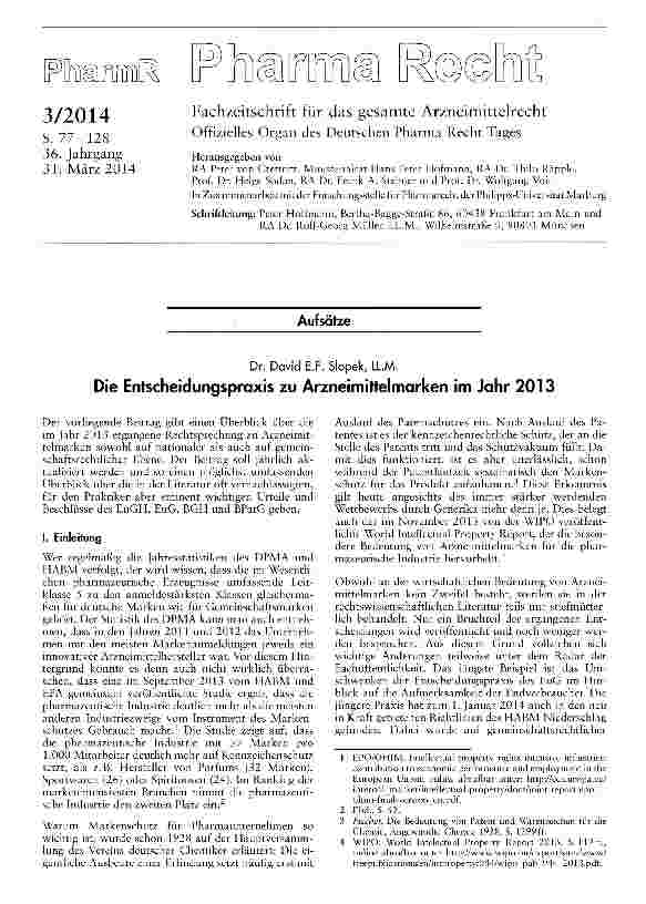 Vorschauseite 1: Die Entscheidungspraxis zu Arzneimittelmarken im Jahr 2013