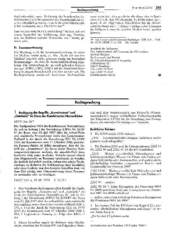 Vorschauseite 1: Auslegung der Begriffe „Arzneiwaren und „Getränke im Sinne der Kombinierten Nomenklatur