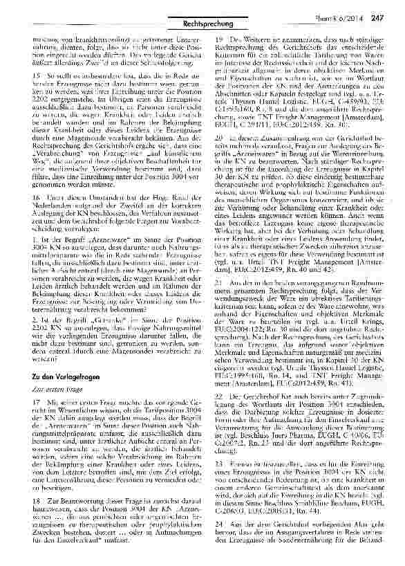 Vorschauseite 3: Auslegung der Begriffe „Arzneiwaren und „Getränke im Sinne der Kombinierten Nomenklatur