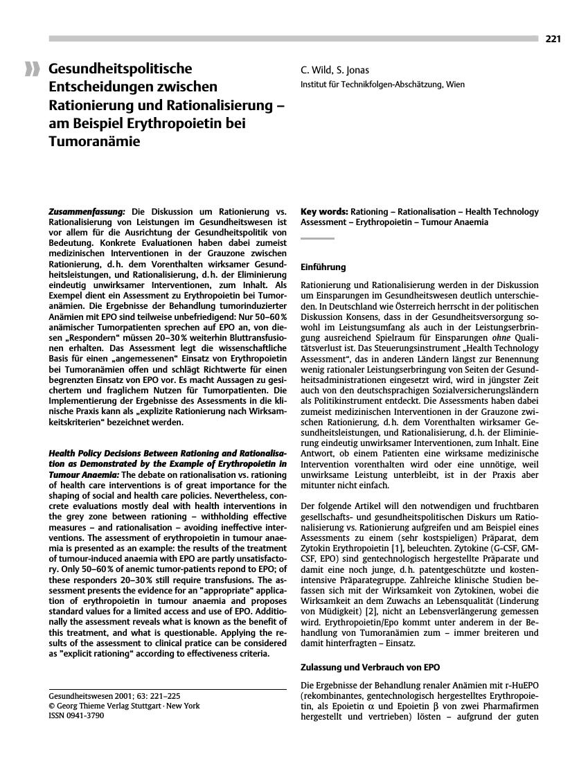 Vorschauseite 1: Gesundheitspolitische Entscheidungen zwischen Rationierung und Rationalisierung - am Beispiel Erythropoietin bei Tumoranämie