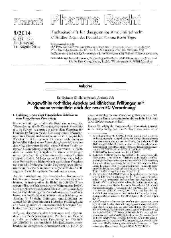 Vorschauseite 1: Ausgewählte rechtliche Aspekte bei klinischen Prüfungen mit Humanarzneimitteln nach der neuen EU-Verordnung