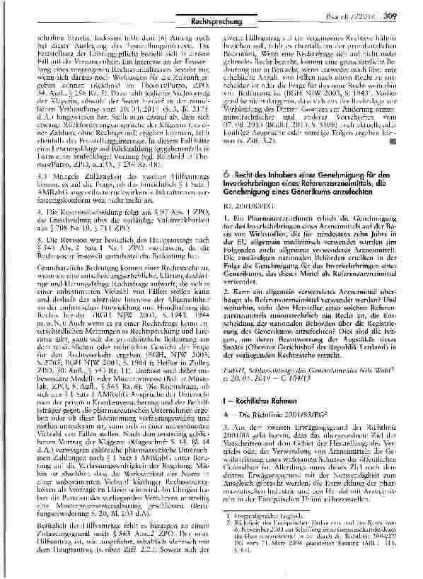 Vorschauseite 1: Recht des Inhabers einer Genehmigung für das Inverkehrbringen eines Rerenzarzneimittels, die Genehmigung eines Generikums anzufechten RL 2001/83/EG