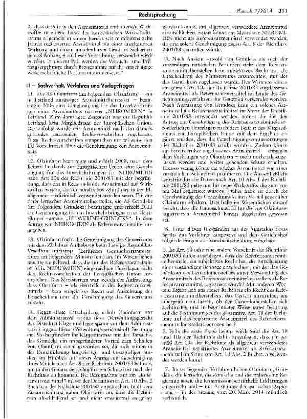 Vorschauseite 3: Recht des Inhabers einer Genehmigung für das Inverkehrbringen eines Rerenzarzneimittels, die Genehmigung eines Generikums anzufechten RL 2001/83/EG