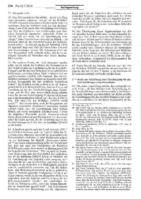Vorschauseite 6: Recht des Inhabers einer Genehmigung für das Inverkehrbringen eines Rerenzarzneimittels, die Genehmigung eines Generikums anzufechten RL 2001/83/EG