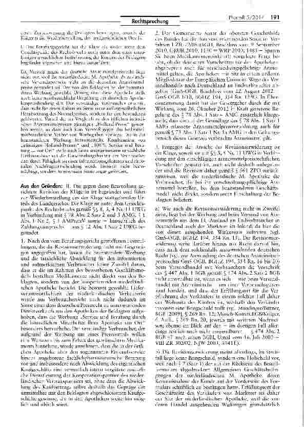 Vorschauseite 2: Zur Zulässigkeit von Rabattund Bonussystemen von EU-Versandapotheken - „Holland-PreiseUWG § 4 Nr. 11; AMG § 78 I 4, II 2 und 3; AMPreisV§§ 1 I Nr 2, 3