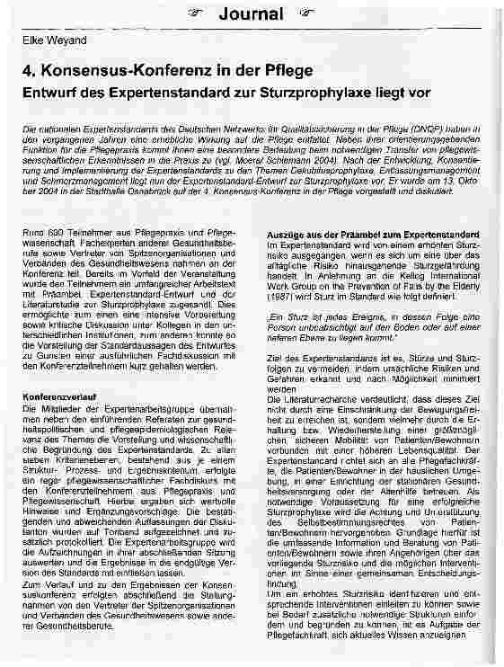 Vorschauseite 1: 4. Konsensus-Konferenz in der PflegeEntwurf des Expertenstandard zur Sturzprophylaxe liegt vor