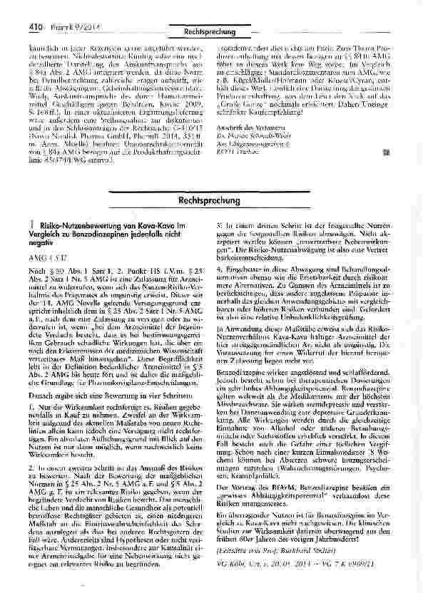 Vorschauseite 1: Risiko-Nutzenbewertung von Kava-Kava im Vergleich zu Benzodiazepinen jedenfalls nicht negativ AMG § 5 II