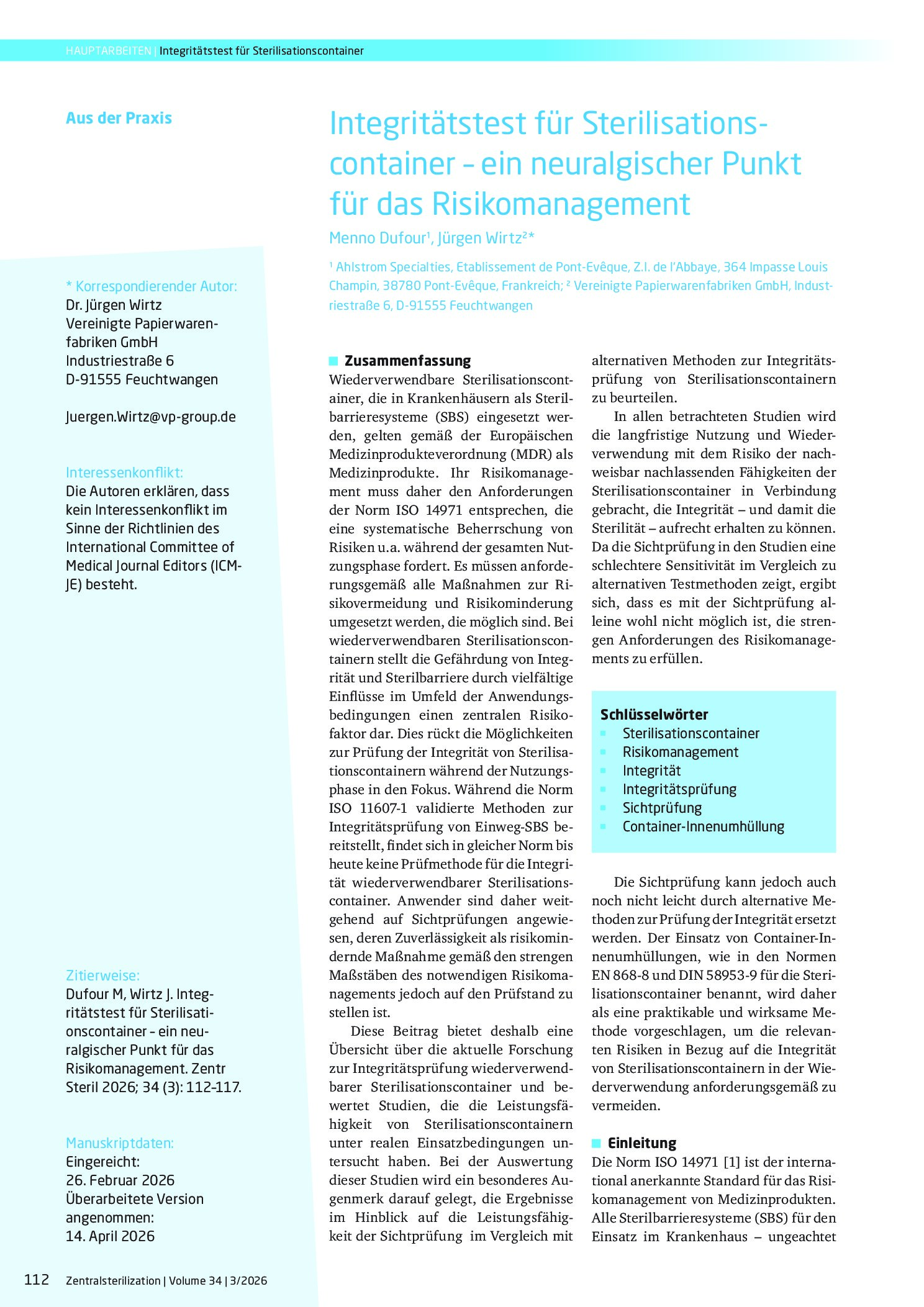 Vorschauseite 1: Integritätstest für Sterilisationscontainer – ein neuralgischer Punkt für das Risikomanagement
