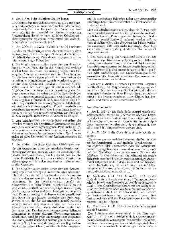 Vorschauseite 2: Inverkehrbringen von Arzneimitteln - Aufnahme in eine Liste der unter das Krankenversicherungssystem fallenden Erzeugnisse RL 89/105/EWG Art. 6 Nr. 2