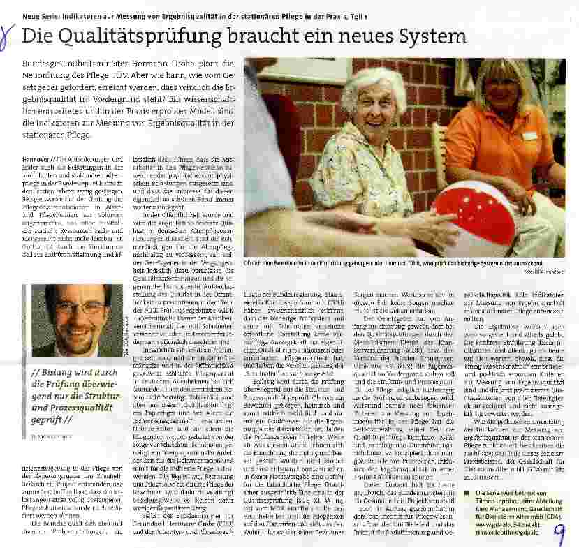 Vorschauseite 1: Neue Serie: Indikatoren zur Messung von Ergebnisqualität in der stationären Pflege in der Praxis, Teil 1 Die Qualitätsprüfung braucht ein neues System