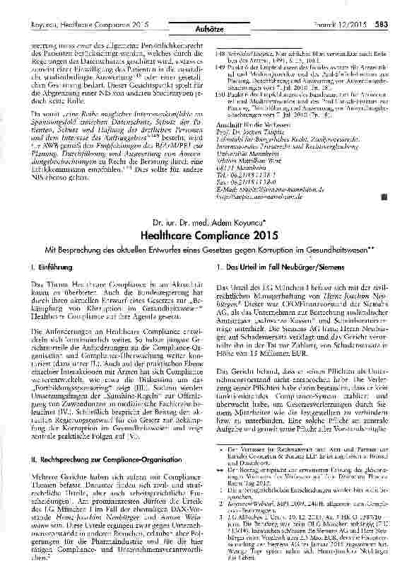 Vorschauseite 1: Healthcare Compliance 2015