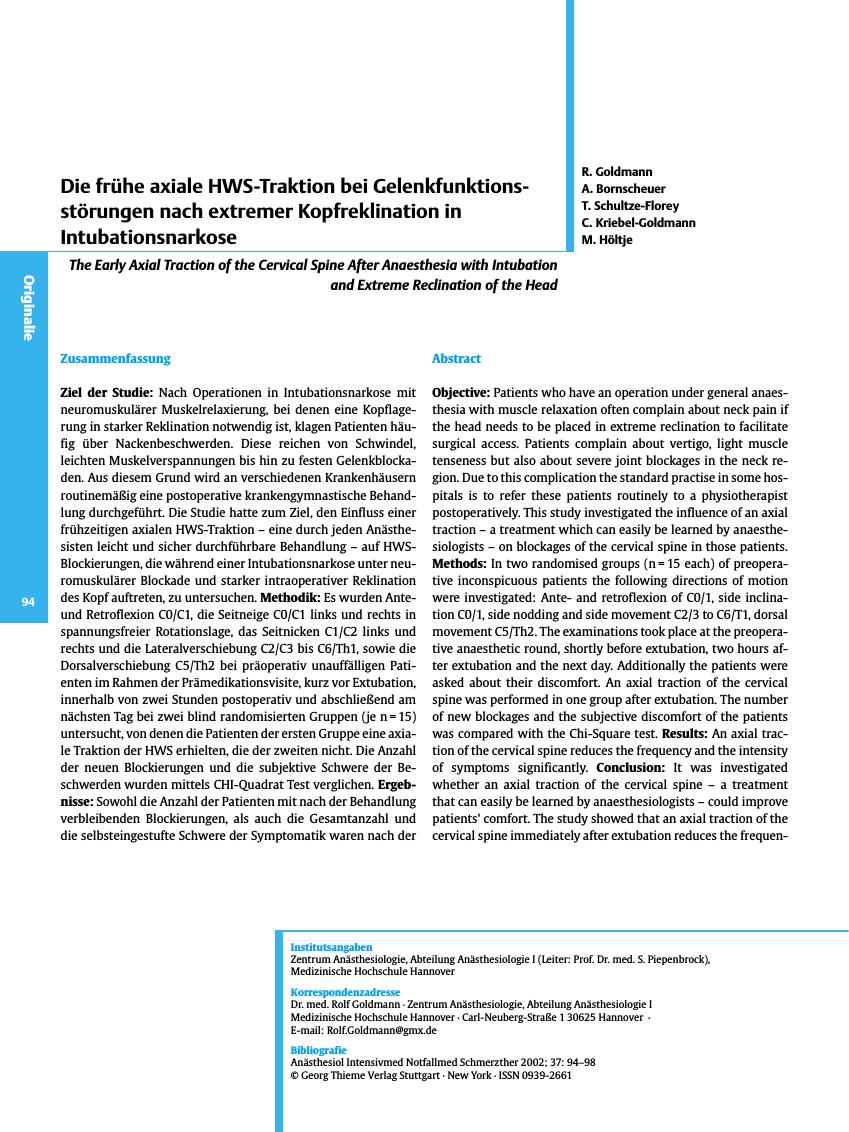 Vorschauseite 1: Die frühe axiale HWS-Traktion bei Gelenkfunktionsstörungen nach extremer Kopfreklination in Intubationsnarkose