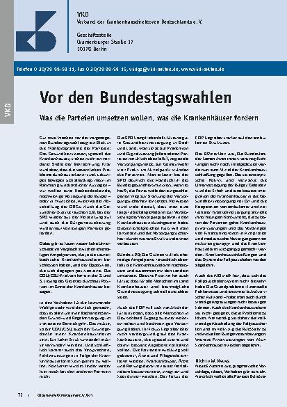 Vorschauseite 1: Vor den Bundestagswahlen Was die Parteien umsetzen wollen, was die Krankenhäuser fordern