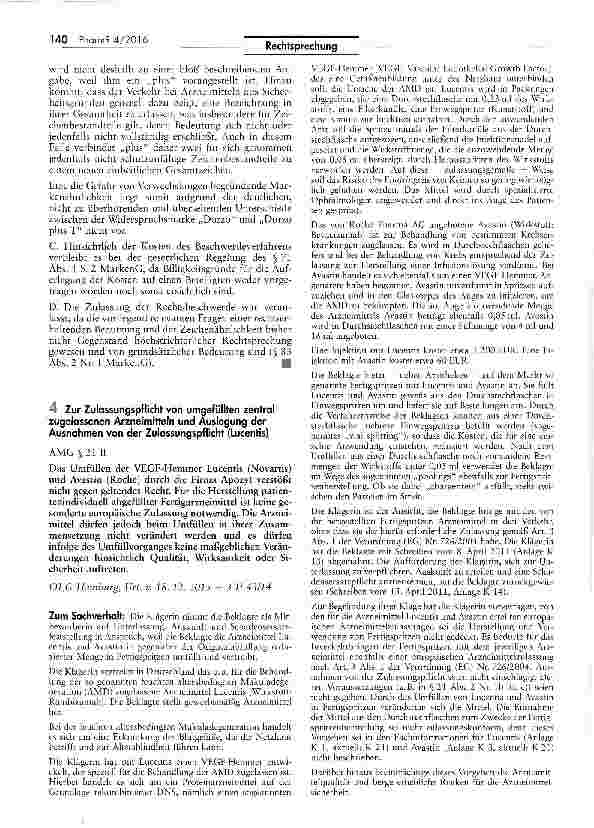 Vorschauseite 1: Zur Zulassungspflicht von umgefüllten zentral zugelassenen Arzneimitteln und Auslegung der Ausnahmen von der Zulassungspflicht (Lucentis)