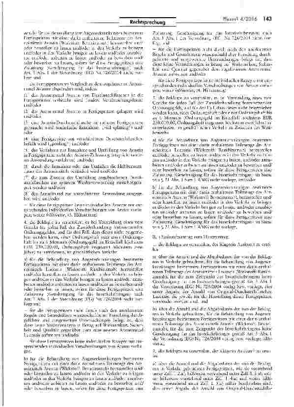 Vorschauseite 4: Zur Zulassungspflicht von umgefüllten zentral zugelassenen Arzneimitteln und Auslegung der Ausnahmen von der Zulassungspflicht (Lucentis)