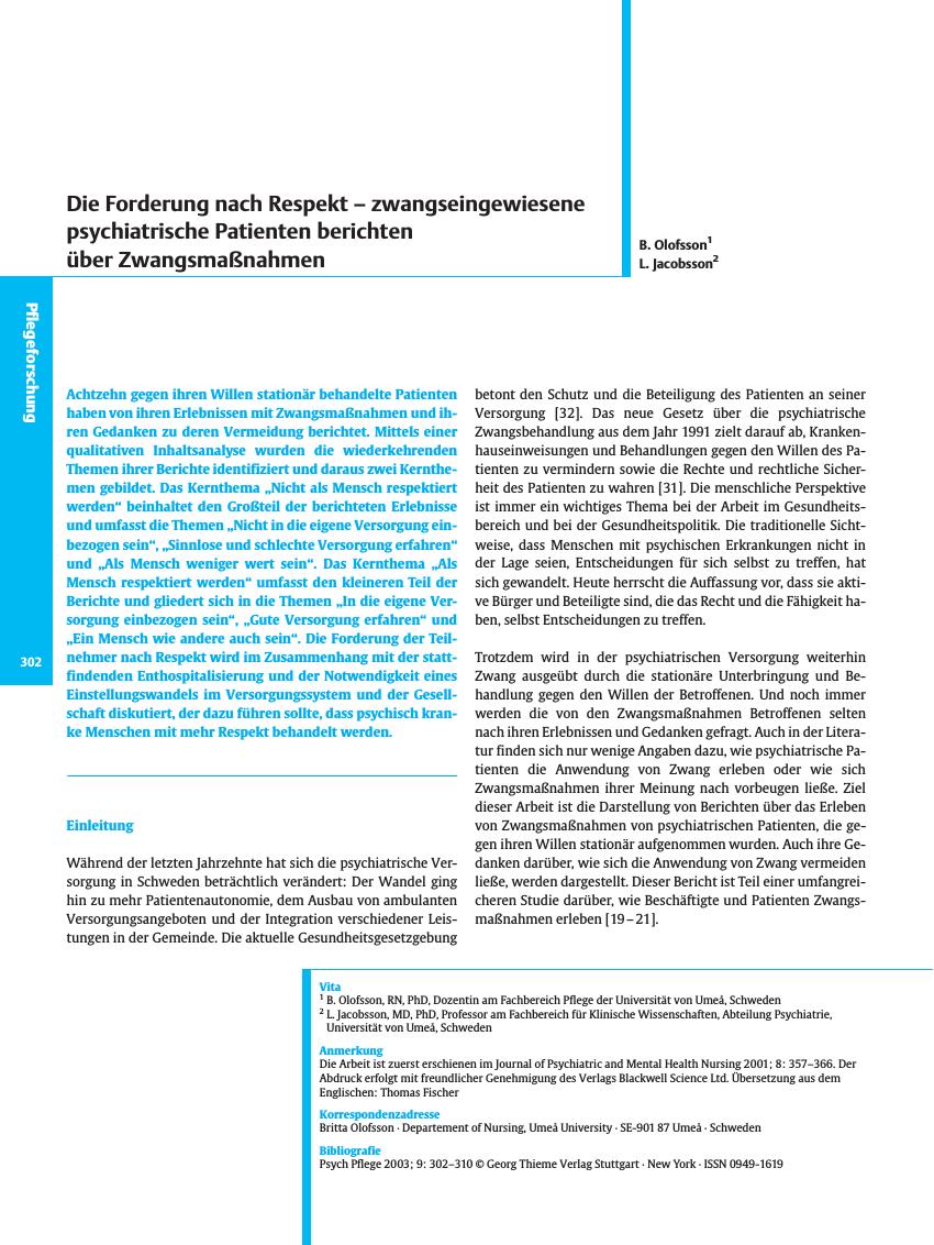 Vorschauseite 1: Die Forderung nach Respekt - zwangseingewiesene psychiatrische Patienten berichten über Zwangsmaßnahmen