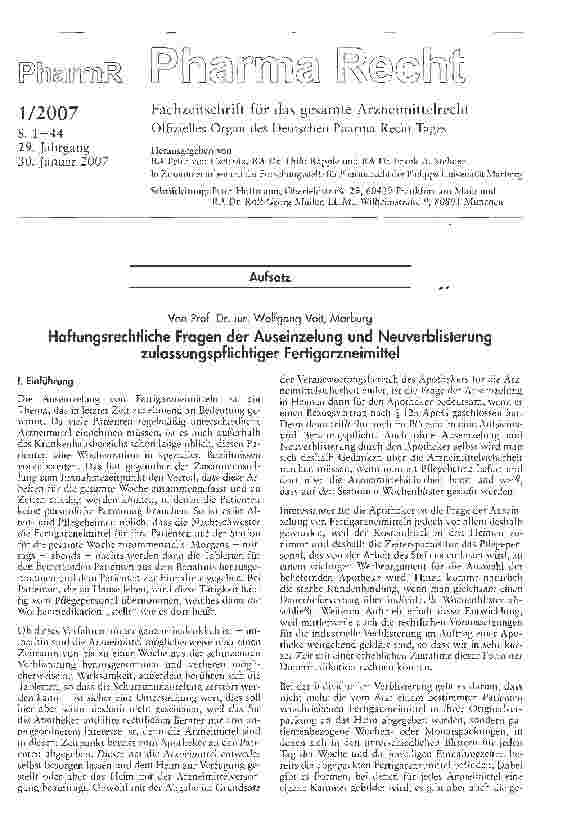 Vorschauseite 1: Haftungsrechtliche Fragen der Auseinzelung und Neuverblisterung zulassungspflichtiger Fertigarzneimittel