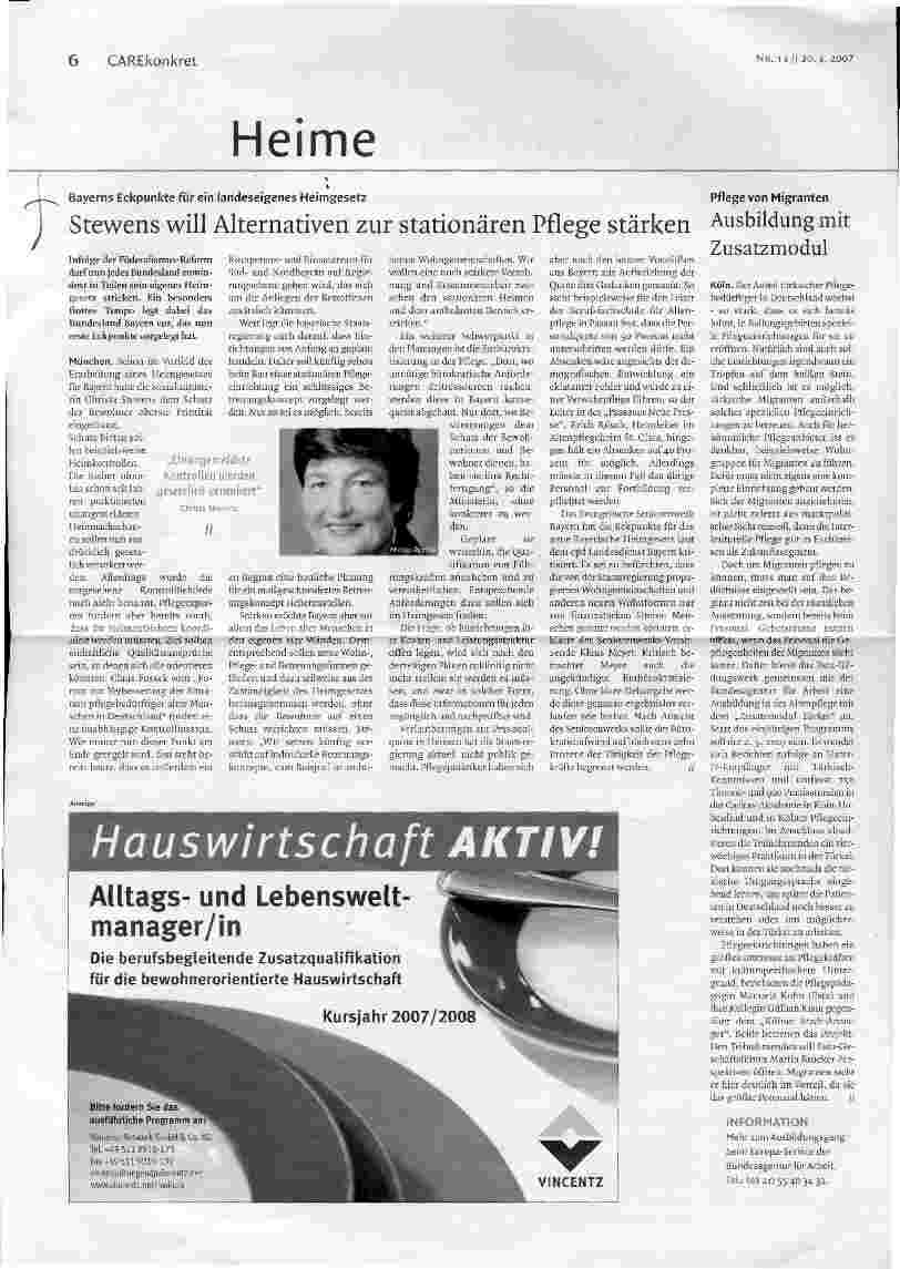Vorschauseite 1: Stewens will Alternativen zur stationären Pflege stärken