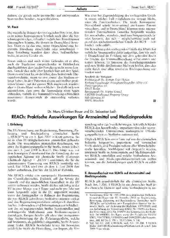 Vorschauseite 1: REACh: Praktische Auswirkungen für Arzneimittel und Medizinprodukte