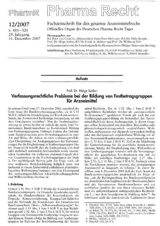 Vorschauseite 1: Verfassungsrechtliche Probleme bei der Bildung von Festbetragsgruppen für Arzneimittel