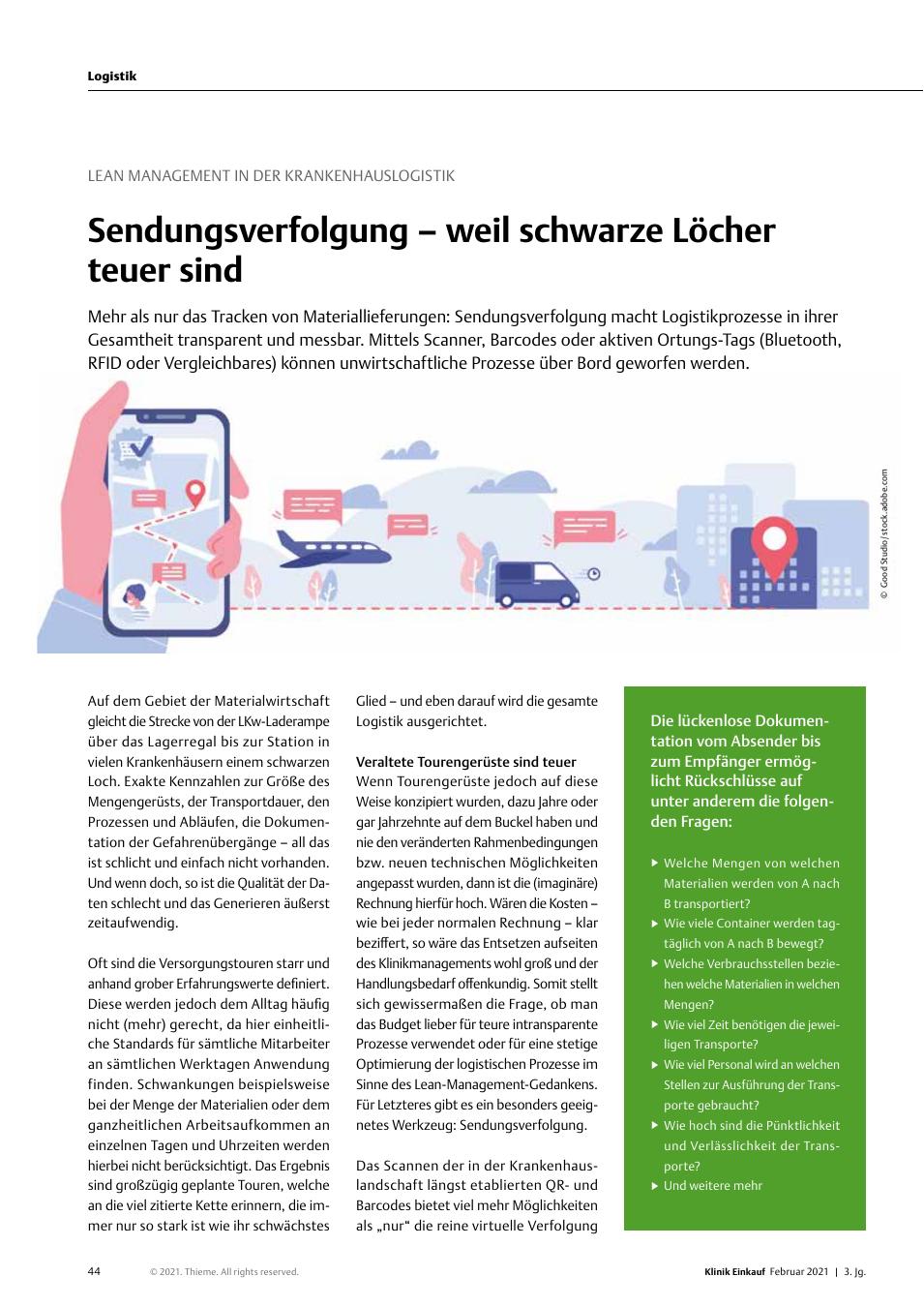 Vorschauseite 1: Lean Management in der Krankenhauslogistik: Sendungsverfolgung – weil schwarze Löcher teuer sind