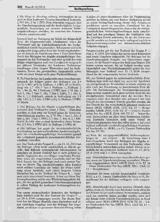 Vorschauseite 2: 1 -EUR-Apothekengutschein ist zwar rechtswidrig stellt aber keinen Wettbewerbsverstoß darAMG § 78 I 1, II 2, III 1; AMPreisV §§ 1 I, IV, 3; UWG §§ 8 III Nr. 2, 3 I, 3a Halbs. 2