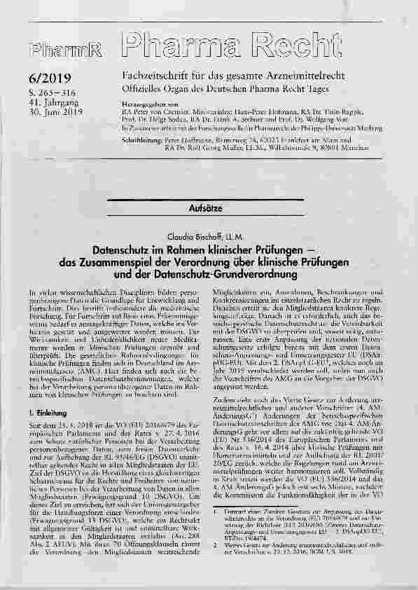 Vorschauseite 1: Datenschutz im Rahmen klinischer Prüfungen - das Zusammenspiel der Verordnung über klinische Prüfungen und der Datenschutz-Grundverordnung