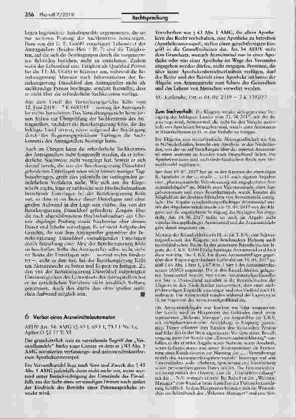 Vorschauseite 1: Verbot eines Arzneimittelautomaten AEUV Art. 34; AMG §§ 43 I, 69 I 1, 73 I 1 Nr. la; ApBetrO §§ 17 V, VI