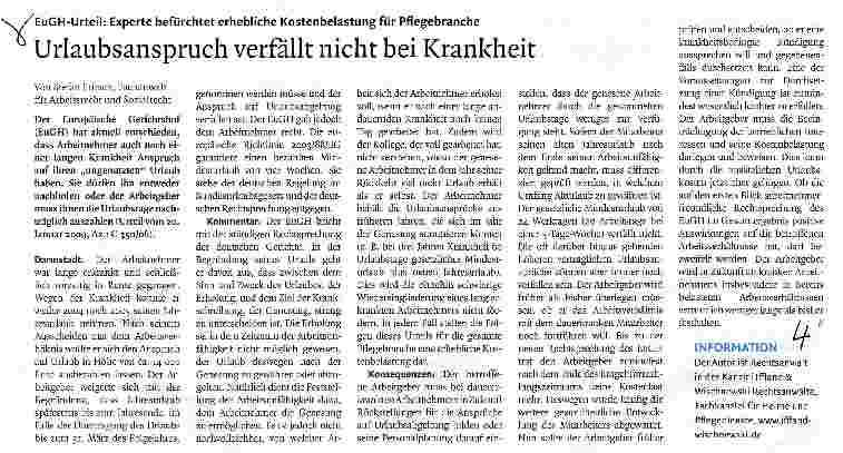 Vorschauseite 1: Urlaubsanspruch verfällt nicht bei Krankheit