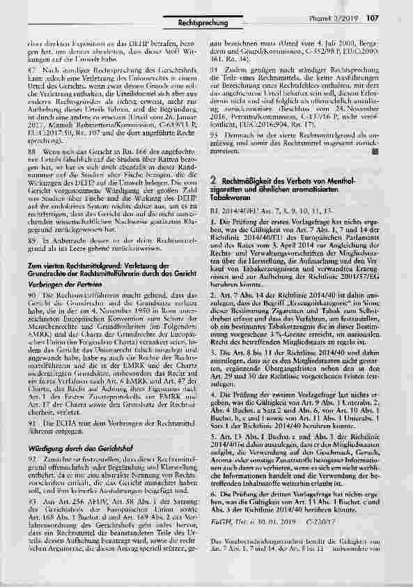Vorschauseite 1: Rechtmäßigkeit des Verbots von Mentholzigaretten und ähnlichen aromatisierten Tabakwaren